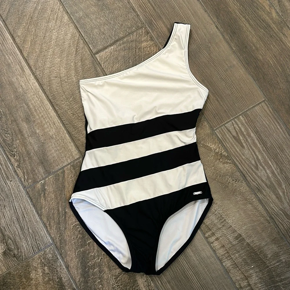DKNY One Shoulder One Piece Swimsuit Size 10 Black White Colorblock Stripe - Picture 4 of 15